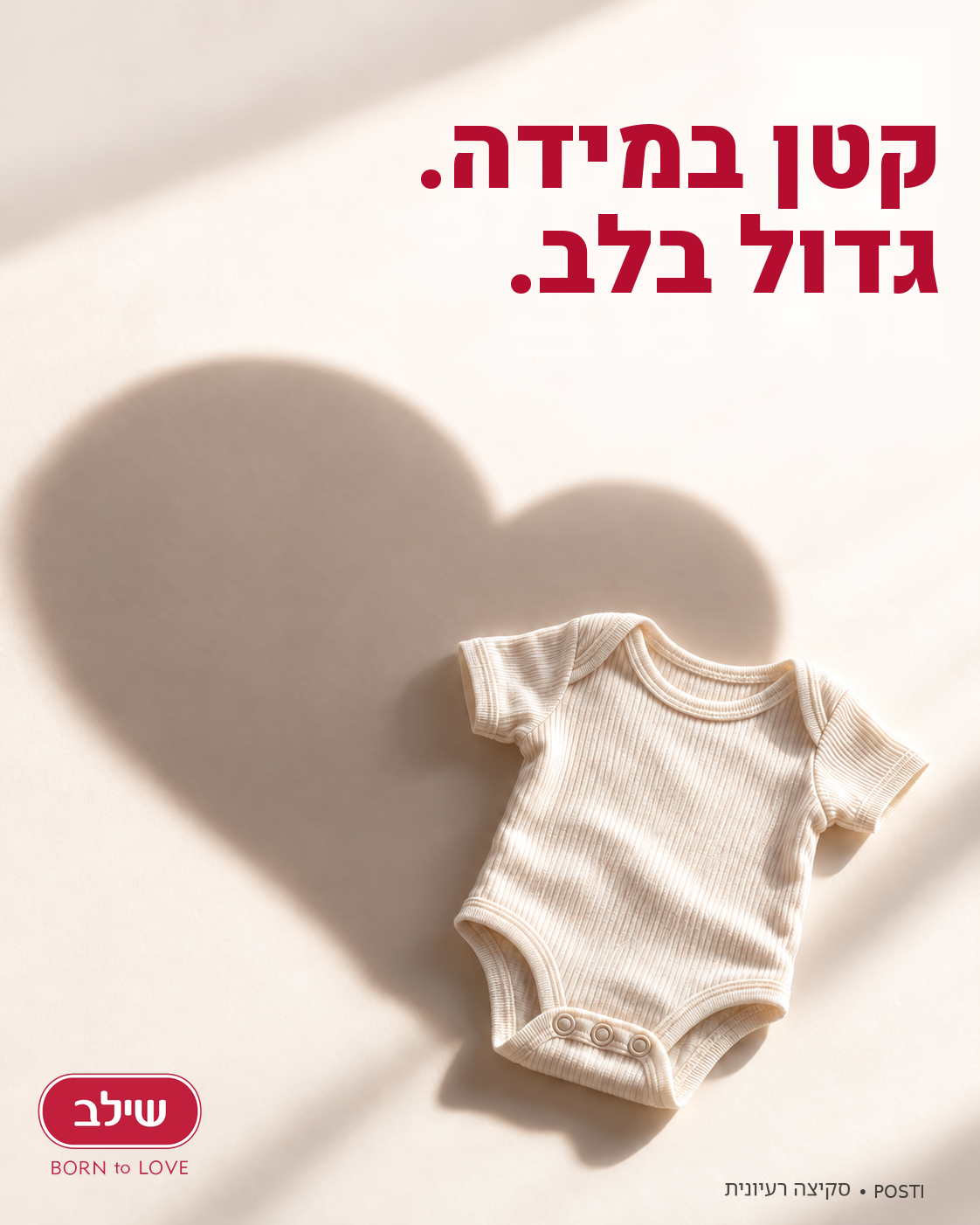 סקיצה רעיונית לשילב: בגד גוף לתינוק וצל בצורת לב, הכותרת קטן במידה. גדול בלב.