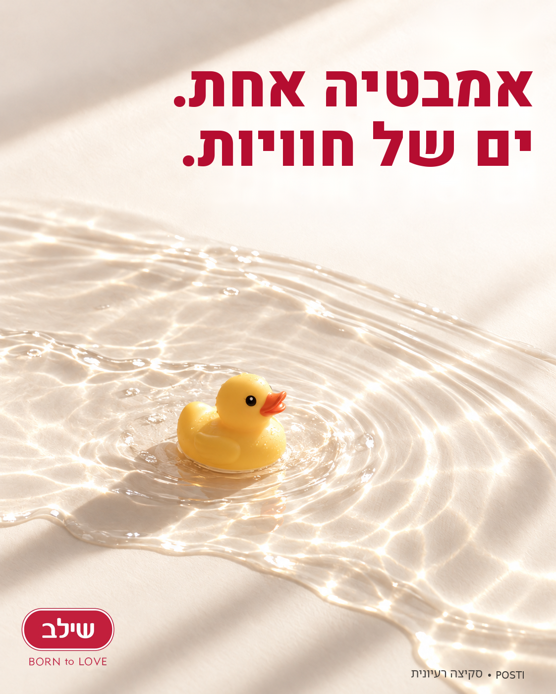 סקיצה רעיונית לשילב: ברווז אמבטיה צהוב על גלי מים, הכותרת אמבטיה אחת. ים של חוויות.